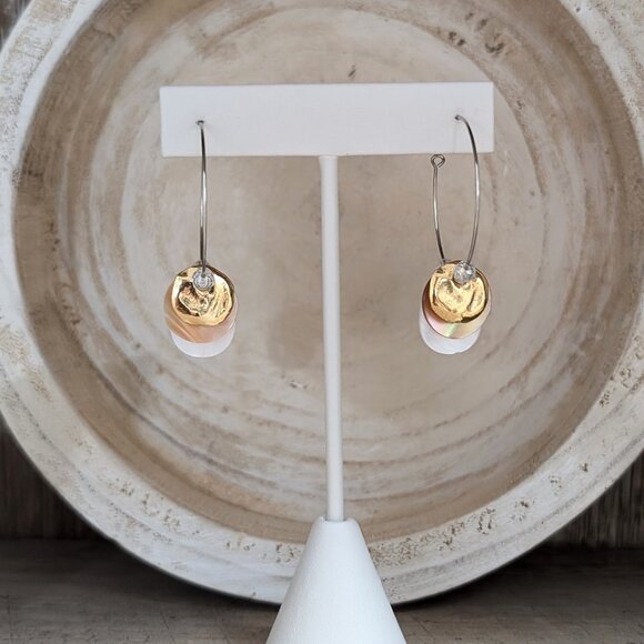 Gold Disc Coin and Shell Layered Steel Hoop Handmade Earrings - Picture 1 of 10